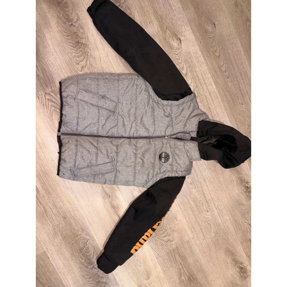 Timberland Kids Grey Puffer Jacket Black Hooded Hybrid Zip Up Coat Size M 10/12
